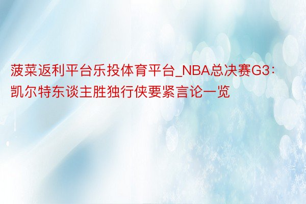 菠菜返利平台乐投体育平台_NBA总决赛G3：凯尔特东谈主胜独行侠要紧言论一览